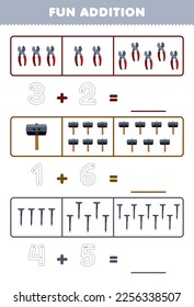 Education game for children fun addition by counting and tracing the number of cute cartoon pliers hammer nail printable tool worksheet