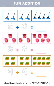 Education game for children fun addition by counting and tracing the number of cute cartoon mop bucket brush printable tool worksheet