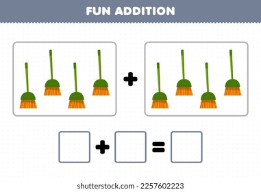 Education game for children fun addition by counting cute cartoon broom pictures printable tool worksheet