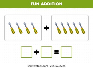 Education game for children fun addition by counting cute cartoon screwdriver pictures printable tool worksheet