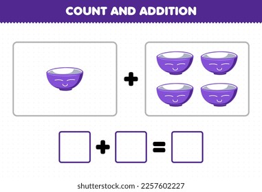 Education game for children fun addition by counting cute cartoon bowl pictures printable tool worksheet