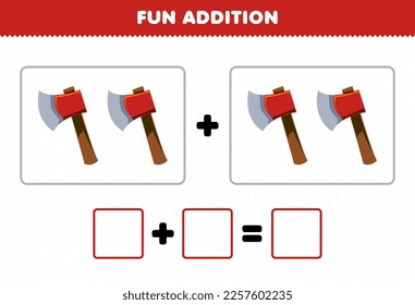 Education game for children fun addition by counting cute cartoon axe pictures printable tool worksheet