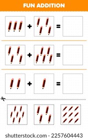 Education game for children fun addition by cut and match of cute cartoon pencil pictures for printable tool worksheet
