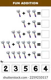 Education game for children fun addition by cut and match correct number for cute cartoon fork printable tool worksheet