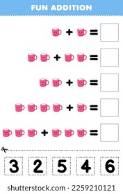 Education game for children fun addition by cut and match correct number for cute cartoon mug printable tool worksheet