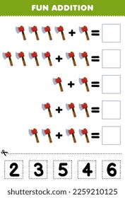 Education game for children fun addition by cut and match correct number for cute cartoon axe printable tool worksheet
