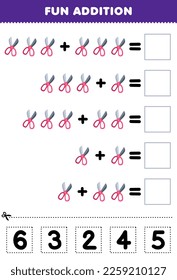 Education game for children fun addition by cut and match correct number for cute cartoon scissor printable tool worksheet