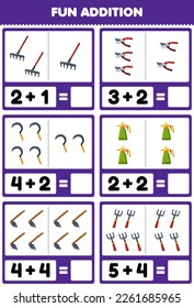 Education game for children fun addition by counting and sum of cute cartoon rake pruner sickle sprayer hoe fork printable tool worksheet