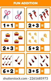 Education game for children fun addition by counting and sum of cute cartoon scissor wrench toolbox tape toilet vacuum cutter printable tool worksheet