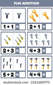 Education game for children fun addition by counting and sum of cute cartoon bolt wrench screwdriver screw nail hammer printable tool worksheet