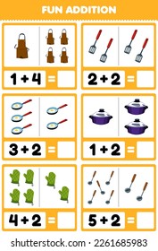 Education game for children fun addition by counting and sum of cute cartoon apron spatula frying pan pot oven glove ladle printable tool worksheet