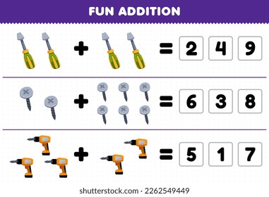 Education game for children fun addition by guess the correct number of cute cartoon screwdriver screw drill picture printable tool worksheet