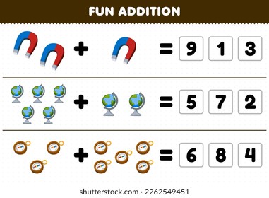 Education game for children fun addition by guess the correct number of cute cartoon magnet globe compass picture printable tool worksheet