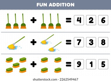 Education game for children fun addition by guess the correct number of cute cartoon broom mop brush picture printable tool worksheet