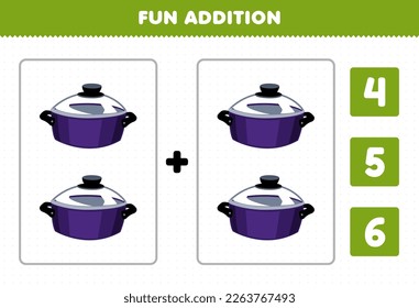 Education game for children fun addition by count and choose the correct answer of cute cartoon pot printable tool worksheet