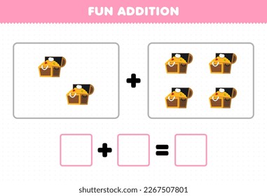 Education game for children fun addition by counting cute cartoon treasure chest pictures printable pirate worksheet