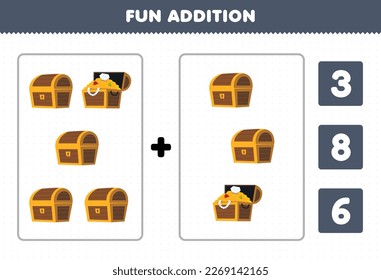 Education game for children fun addition by count and choose the correct answer of cute cartoon treasure chest printable pirate worksheet