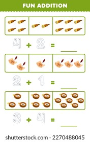 Education game for children fun addition by counting and tracing the number of cute cartoon spyglass treasure map and compass printable pirate worksheet
