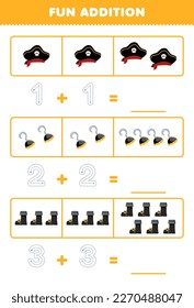 Education game for children fun addition by counting and tracing the number of cute cartoon hat hook and boot printable pirate worksheet