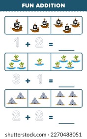 Education game for children fun addition by counting and tracing the number of cute cartoon ship island and cave printable pirate worksheet
