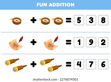 Education game for children fun addition by guess the correct number of cute cartoon compass treasure map and spyglass printable pirate worksheet