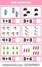 Education game for children fun addition by counting and sum of cute cartoon old man hat pickaxe sword bottle dynamite printable pirate worksheet