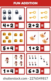 Education game for children fun addition by counting and sum of cute cartoon padlock key chest treasure map boy shovel printable pirate worksheet