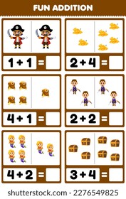 Education game for children fun addition by counting and sum of cute cartoon captain treasure chest gold mermaid printable pirate worksheet