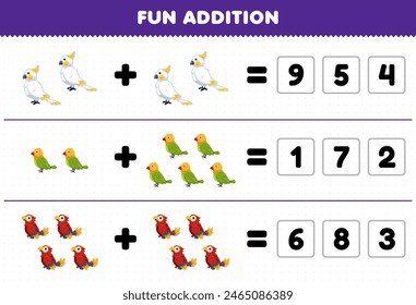 Education game for children fun addition by guess the correct number of cute bird pet worksheet