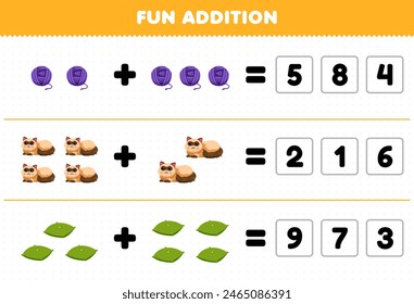 Education game for children fun addition by guess the correct number of cute cat stuff pet worksheet