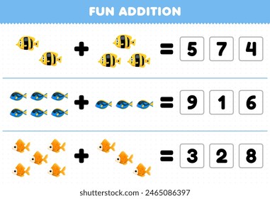 Education game for children fun addition by guess the correct number of cute fish pet worksheet