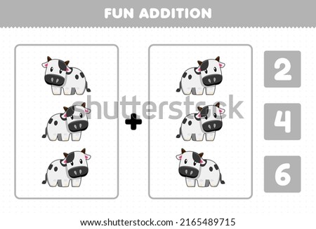 Education game for children fun addition by count and choose the correct answer of cute cartoon farm animal cow printable worksheet