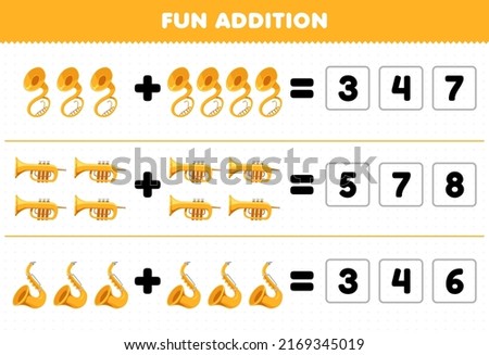 Education game for children fun addition by guess the correct number of cartoon music instrument sousaphone trumpet saxophone printable worksheet