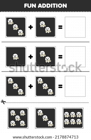 Education game for children fun addition by cut and match of cute cartoon white ghost pictures for halloween printable worksheet