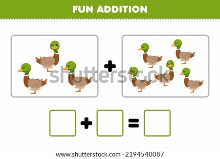 Education game for children fun addition by counting cute cartoon duck pictures printable farm worksheet