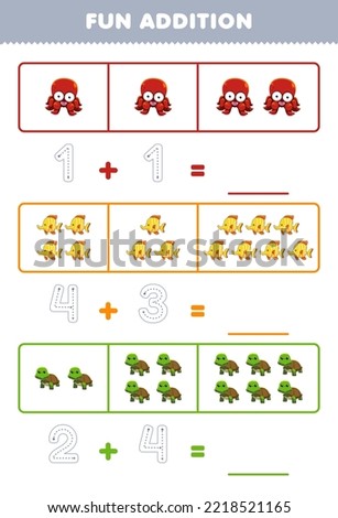 Education game for children fun addition by counting and tracing the number of cute cartoon octopus fish turtle printable animal worksheet