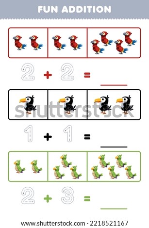 Education game for children fun addition by counting and tracing the number of cute cartoon parrot toucan parakeet printable animal worksheet