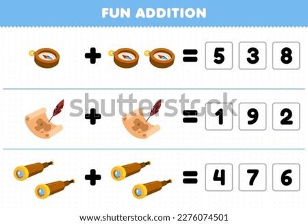 Education game for children fun addition by guess the correct number of cute cartoon compass treasure map and spyglass printable pirate worksheet