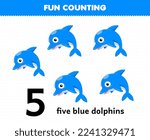 Education game for children fun counting fie blue dolphins printable underwater worksheet