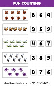 Juego de educación para niños conteo divertido y elección del número correcto de insectos de dibujos animados lindo animal mariposa mariposa mosquitera araña mosquito hoja de cálculo imprimible