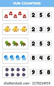 Education game for children fun counting and choosing the correct number of cute cartoon underwater animal octopus fish turtle jellyfish urchin printable worksheet