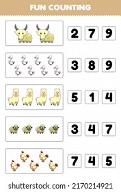 Education game for children fun counting and choosing the correct number of cute cartoon white animal white swan llama sheep chicken printable worksheet