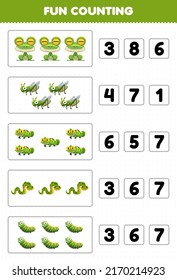 Education game for children fun counting and choosing the correct number of cute cartoon green animal frog grasshopper iguana snake caterpillar printable worksheet