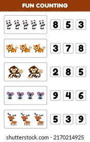 Education game for children fun counting and choosing the correct number of cute cartoon forest animal panda tiger monkey koala deer printable worksheet