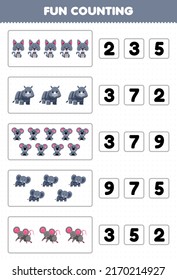Education game for children fun counting and choosing the correct number of cute cartoon gray animal cat rhino koala elephant mouse printable worksheet