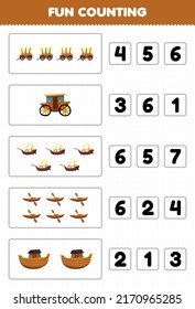 Education game for children fun counting and choosing the correct number of cartoon wooden transportation wagon carriage xebec kayak ark printable worksheet