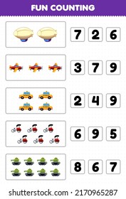 Education game for children fun counting and choosing the correct number of cartoon transportation zeppelin airplane taxi pedicab tank printable worksheet