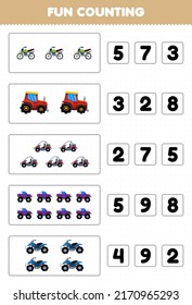 Education game for children fun counting and choosing the correct number of cartoon offroad transportation motocross tractor buggy car monster truck quad bike printable worksheet