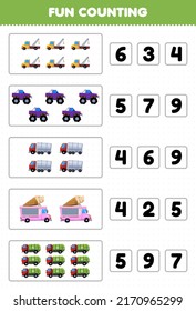 Juego de educación para niños conteo divertido y elección del número correcto de hojas de cálculo imprimibles de transporte de camiones de dibujos animados