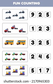 Education game for children fun counting and choosing the correct number of cartoon land transportation go cart convoy truck bus pickup truck train locomotive printable worksheet